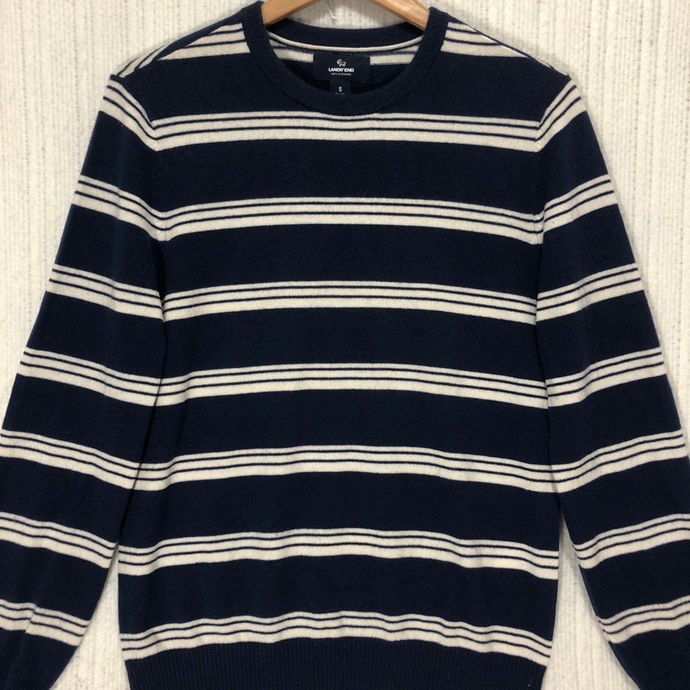 Lands' End‎ Mens 100% Cashmere Striped Crewneck Sweater Navy Blue White Small